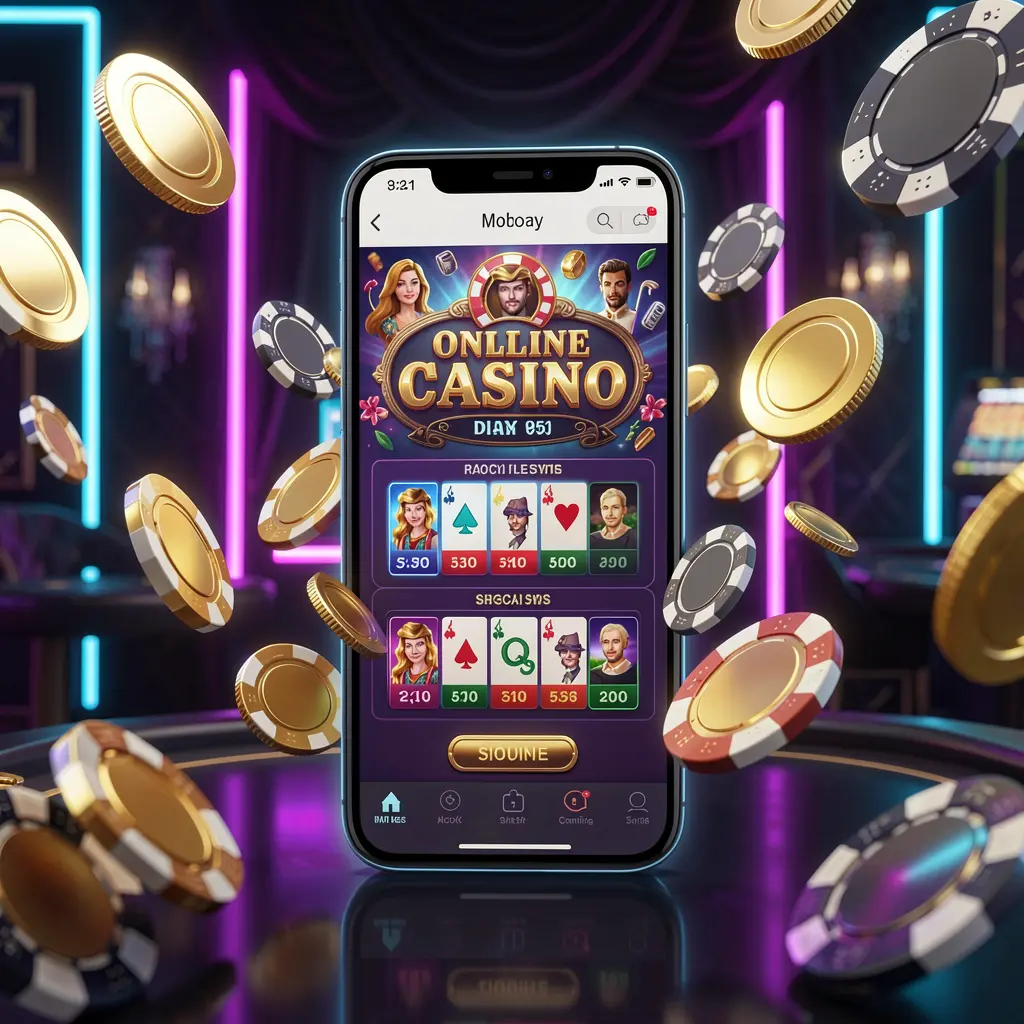 Spanduk utama aplikasi seluler kasino daring RKGGG yang menampilkan ponsel pintar modern dengan antarmuka kasino bercahaya, koin emas dan chip poker yang beterbangan di latar belakang mewah gelap dengan aksen neon