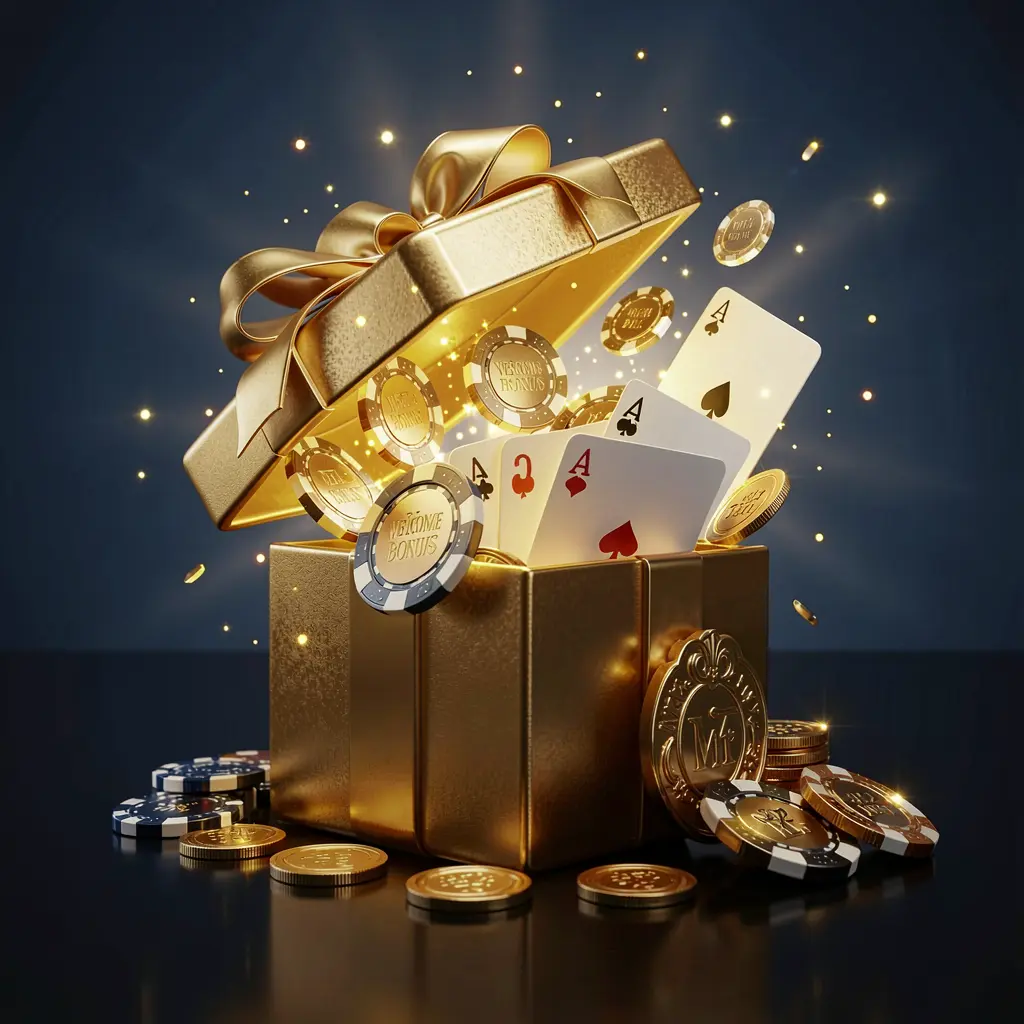 Adegan bonus selamat datang mewah untuk kasino daring RKGGG yang menampilkan kotak hadiah emas terbuka dengan chip kasino, kartu remi, dan koin berkilau yang menyembur keluar di latar belakang biru tua dan hitam premium dengan cahaya emas terang dalam suasana meriah yang elegan