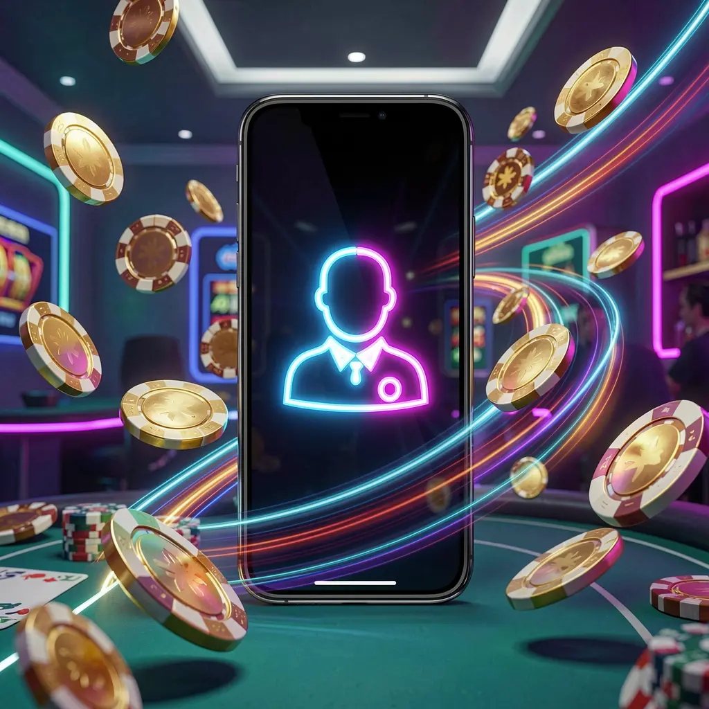 Spanduk masuk kasino cepat yang menampilkan ponsel pintar dengan ikon pengguna cerah, jejak cahaya kecepatan, serta koin dan chip emas yang beterbangan dalam gaya kasino neon modern oleh RKGGG
