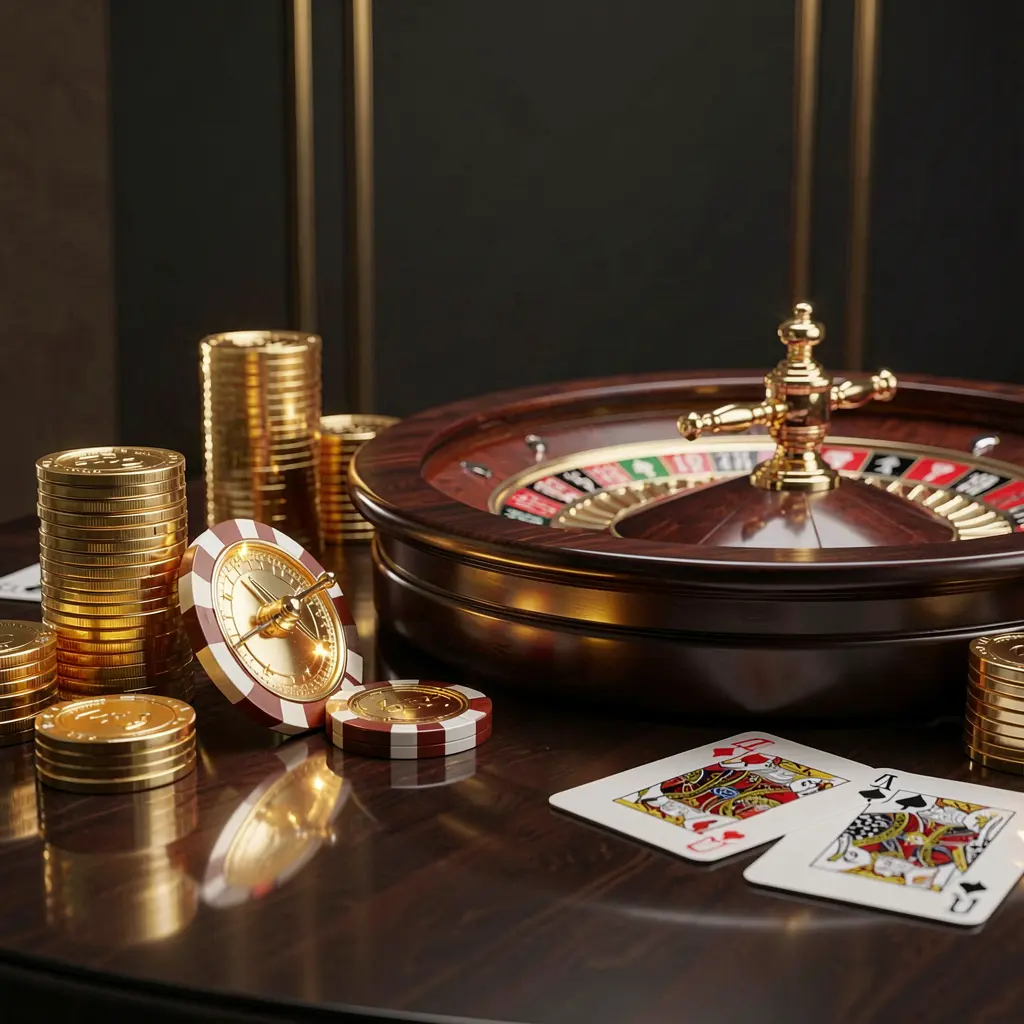 Render 3D detail tinggi dari adegan kasino daring premium oleh RKGGG yang menampilkan koin emas, chip bercahaya, roda roulette, dan kartu remi di atas meja mengilap dengan latar belakang gelap yang elegan