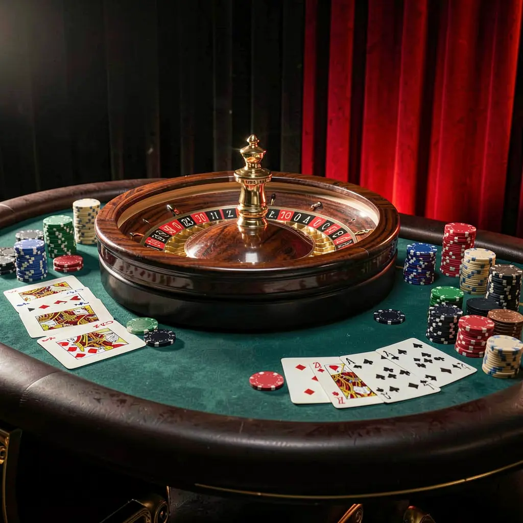 Meja permainan elegan yang menampilkan roulette, kartu blackjack, chip poker, dan koin di bawah pencahayaan sinematik mewah dengan latar belakang hitam dan merah, mewakili permainan bertanggung jawab platform kasino daring RKGGG